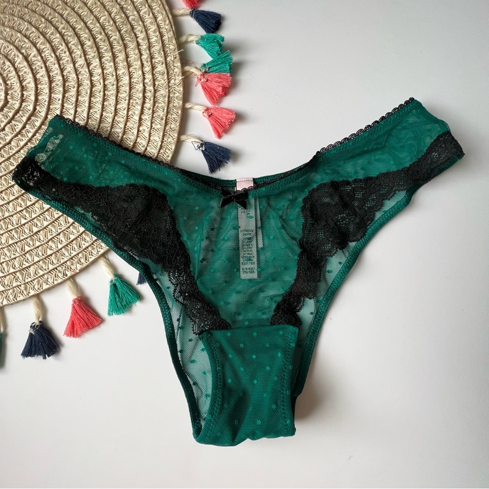 Victoria's Secret Dream Angels Lace-Trim Dotted Mesh Brazilian Panty Green S NEW